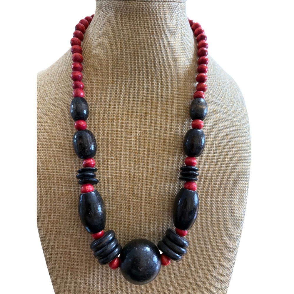 Vintage Chunky Wood Bead Statement Necklace Red Black Boho Handcrafted Boho